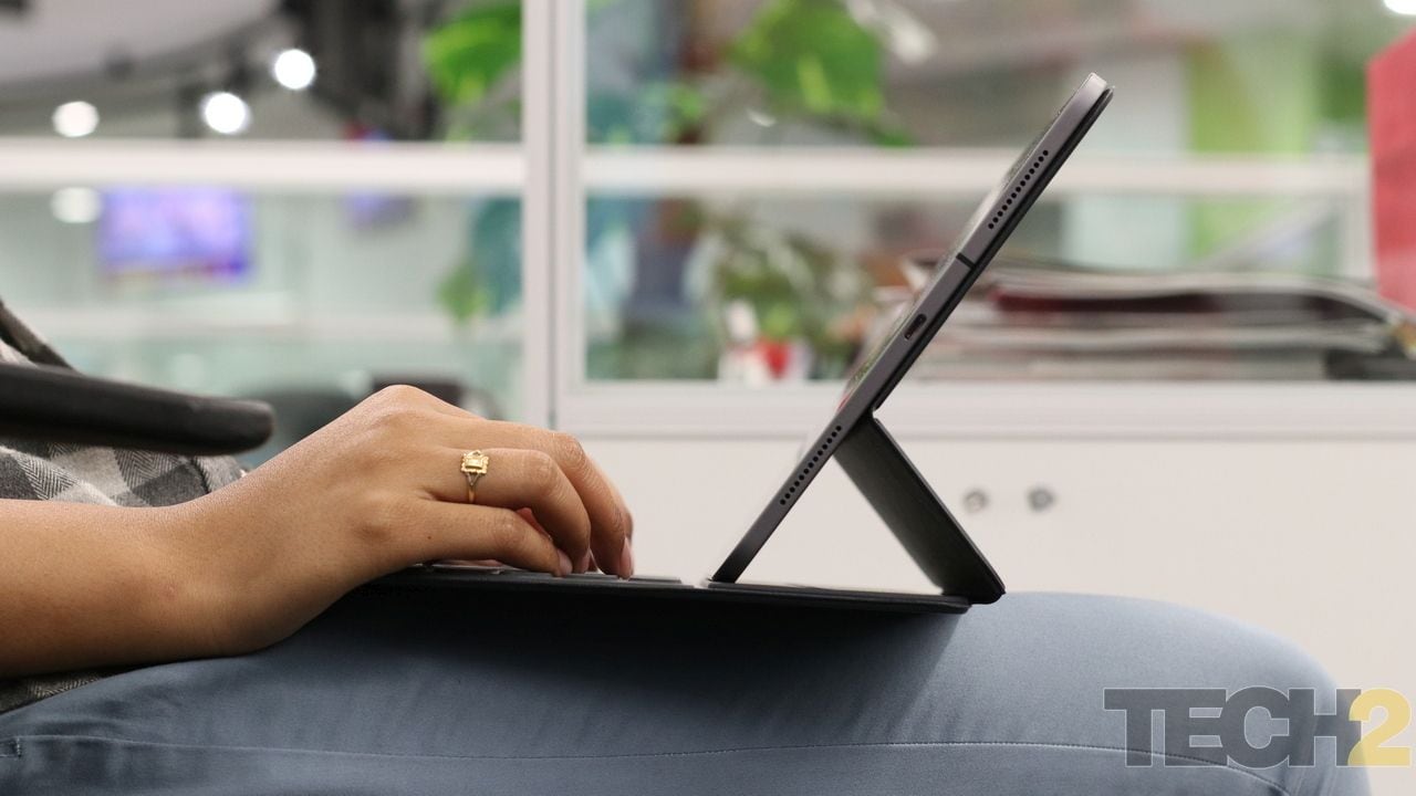 The Apple Smart Keyboard Folio has been redesigned for the new iPad and has two grooves for adjusting the angle at which the iPad Pro rests. Image: Tech2/Omkar Patne